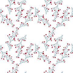 Seamless pattern of winter twigs with red berries. Vector illustration for background, decor, fabrics and postcards