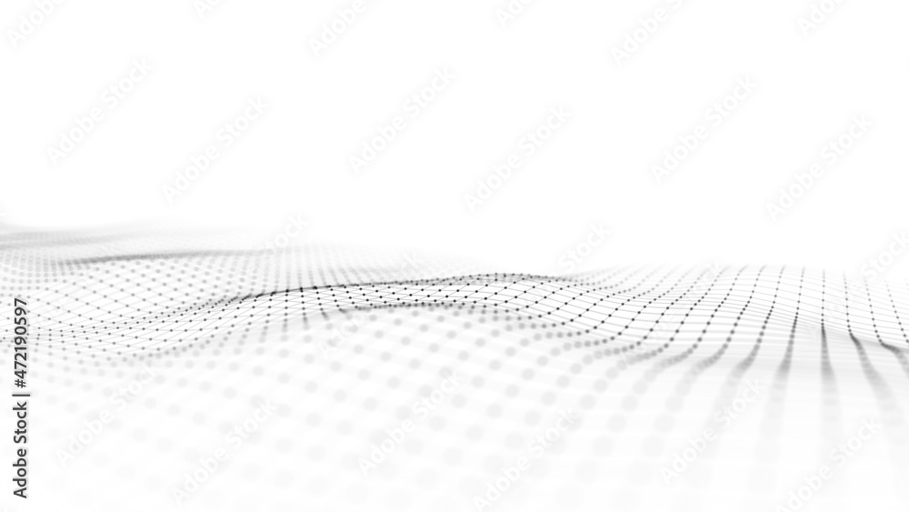 Poster abstract wave with moving dots and lines. flow of particles. cyber technology illustration. 3d rende