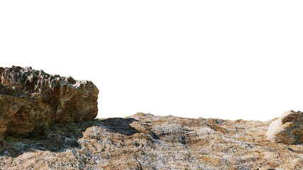 rocky ground with boulder isolated on white background, edge of the mountain - obrazy, fototapety, plakaty