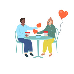 Happy young couple in cafe giving each other valentines hearts. Flat vector illustration.