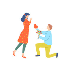 St. Valentine's day. Man making proposal to a woman. Cute vector illustration in flat cartoon style.