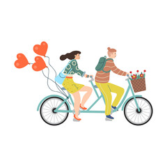 Happy Valentine's Day. Man and woman riding a tandem bike. Cute vector illustration in flat cartoon style.