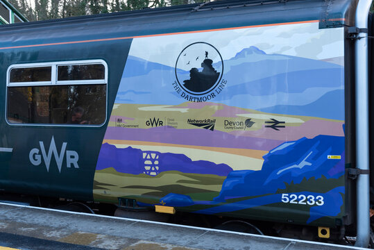 Devon, England, UK. 2021. The Dartmoor Line named supporters painted onto a carriage at Okehampton Station, Devon, UK.