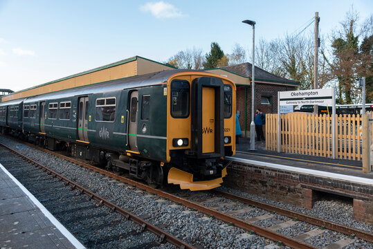 Okehampton, Devon, England, UK. 2021.  The Dartmoor Line passenger railway train at Okehampton Station, end of the line, recently reopened for visiting Dartmoor.