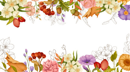 horizontal background with floral watercolor frame