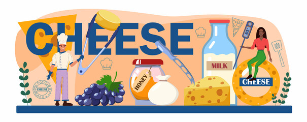 Cheese typographic header. Professional chef making block of cheese.
