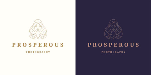 Beauty female portrait logo emblem design template vector illustration in minimal line art style