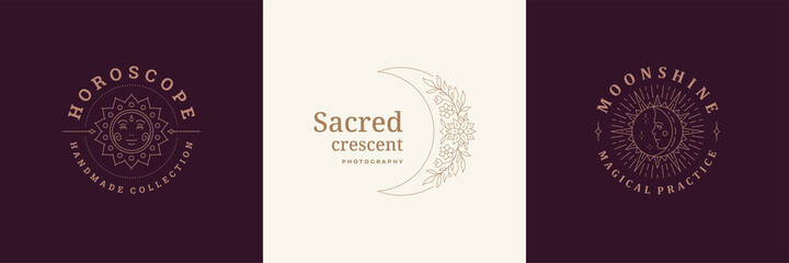 Esoteric logos emblems design templates set with mystic moon and magic sun vector illustrations minimal linear style