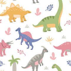 Cartoon schattige dinosaurussen onder tropische planten. Naadloze patroon voor kinderen en kind. Kleurrijke kawaii prehistorische dieren op witte achtergrond. Hand getekende moderne trendy platte vectorillustratie
