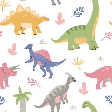 Cartoon cute dinosaurs among tropical plants. Seamless pattern for kids and child. Colourful kawaii prehistoric animals on white background. Hand drawn modern trendy flat vector illustration