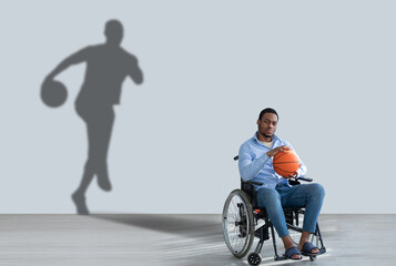 Fototapeta premium Unhappy disabled black guy dreaming about recovery, collage