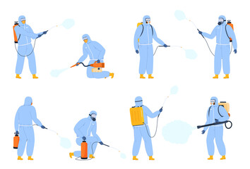 Fototapeta na wymiar People protective overalls disinfectant spraying poison from pests set vector flat illustration