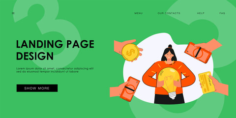Woman surrounding by hands with money holding light bulb. Girl having creative idea how to earn cash flat vector illustration. Income, earning concept for banner, website design or landing web page.