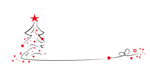 weihnachtskarte mit weihnachstbaum aus schwarzer linie und roten sternen