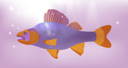 Perch. Purple fish with orange fins swims in water column. Sea bass.
3d. Realism. Underwater landscape. Purple background. 
Vector stock illustration.