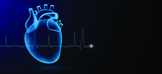 3d Blue human heart with heart rate on dark background. Heart x-ray concept.