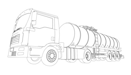 Contour of a tank truck for transportation of gasoline from black lines isolated on a white background. Truck with a tank for the transport of goods. Perspective view. Vector illustration