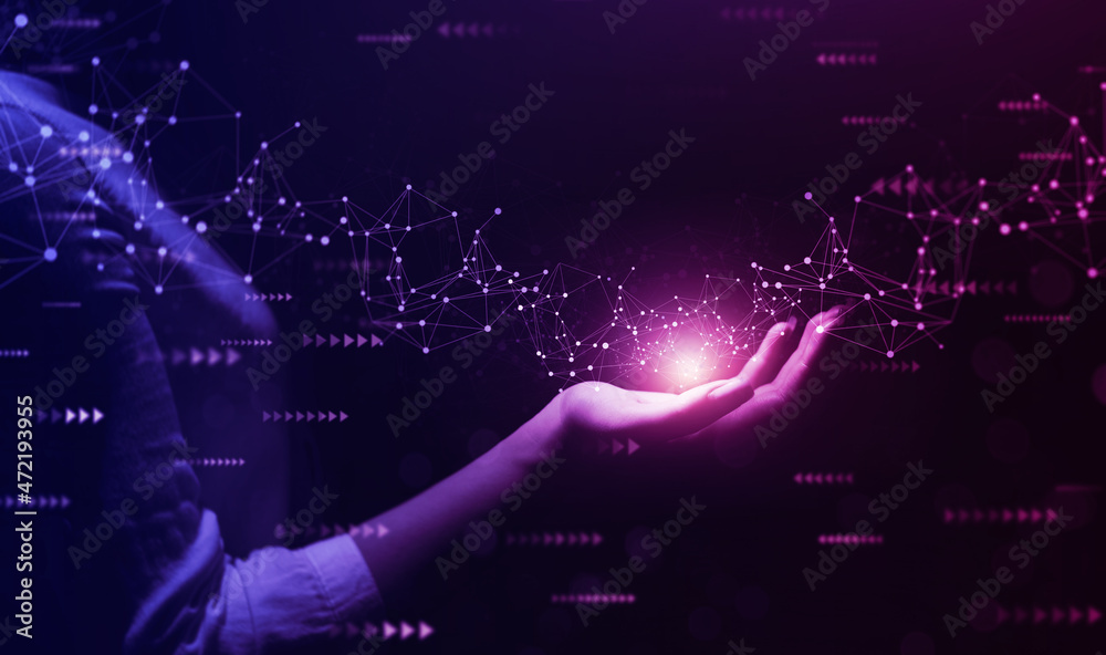 Poster metaverse technology concepts. woman hand holding global network connection. internet communication, - Posters