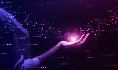 Metaverse Technology concepts. Woman hand holding global network connection. Internet communication, Wireless connection technology. Futuristic technology with polygonal shapes. 