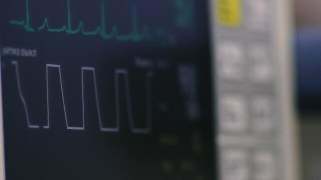 screen showing pulse, blood oxygen saturation, blood pressure. Health monitor in the intensive care unit. Health care and medical care concept.
