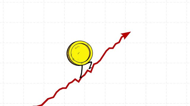 Empty coin rate still goes up seamless loop. Walking up coin stops. Blank character rising fast. Funny business cartoon.