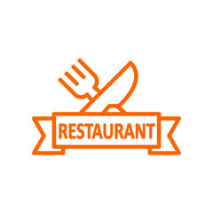 Banner con texto Restaurant en cinta con cubiertos cruzados con líneas en color naranja