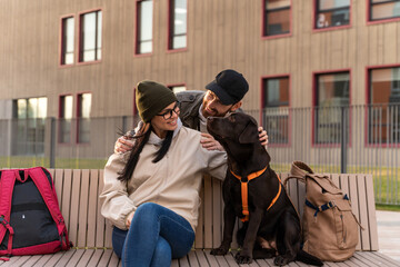 Photo of the impatient dog waiting while his owners giving to him dog biscuit for the good behavior. Stock photo. People and animals concept