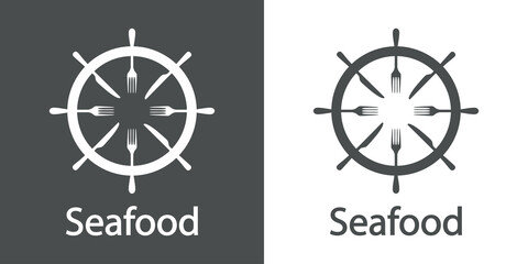 Obraz premium Logotipo restaurante. Banner con texto Seafood y silueta de timón de barco con cubiertos con líneas en fondo gris y fondo blanco