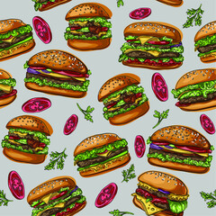 vector seamless pattern with cheeseburgers. Background with fast food and herbs. Bread with sesame seeds, meat, cheese, tomatoes, lettuce and cabbage.