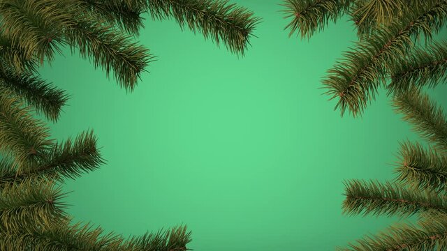 Abstract Christmas border, decorative pine frame appearing, bright green background. Christmas tree branches. Dynamic Greeting card, festive ornament. Seasonal animation, winter holidays 3D Render 4K