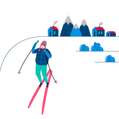 Winter sport Skiing. A person is Skier in the mountains in Winter-time day. Mountain resort landscape background. Ski and warm Sportswear. Girl in winters clothes. Flat, vector cartoon illustration.