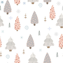 Seamless pattern of Christmas trees and trees in boho or scandinavian style. Christmas items with winter elements and holiday wishes. Winter vector illustration on white background.