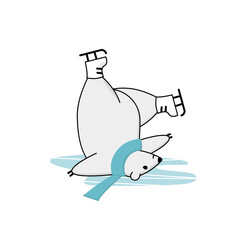 Polar bear ice skating training. Funny cartoon winter sport mascot