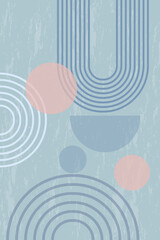 Abstract grunge poster with geometric shapes and lines. Rainbow print and sun circle, boho style. Modern minimalist print in pastel colors. Concept of balance, harmony and equilibrium. Vector