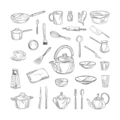 Collection of monochrome illustrations of kitchen accessories in sketch style. Hand drawings in art ink style. Black and white graphics.
