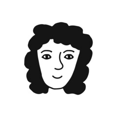 Portrait of a female face. Doodle style. Hand drawn vector illustration. Isolated portrait of woman in black and white color. Cartoon character. Line Art.