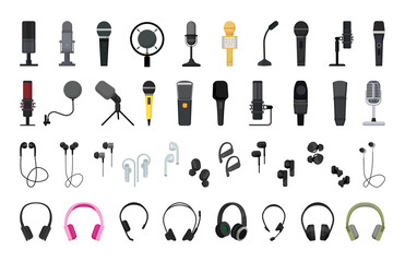 Vector collection of detailed microphones and headphones. Equipment for podcasts and recording studios. - obrazy, fototapety, plakaty