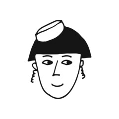 Portrait of a female face witn earrings and hat. Doodle style. Hand drawn vector illustration. Isolated portrait of woman in black and white color. Cartoon character. Line Art.