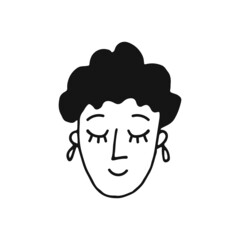 Portrait of a female face with earrings. Doodle style. Hand drawn vector illustration. Isolated portrait of woman in black and white color. Cartoon character. Line Art.