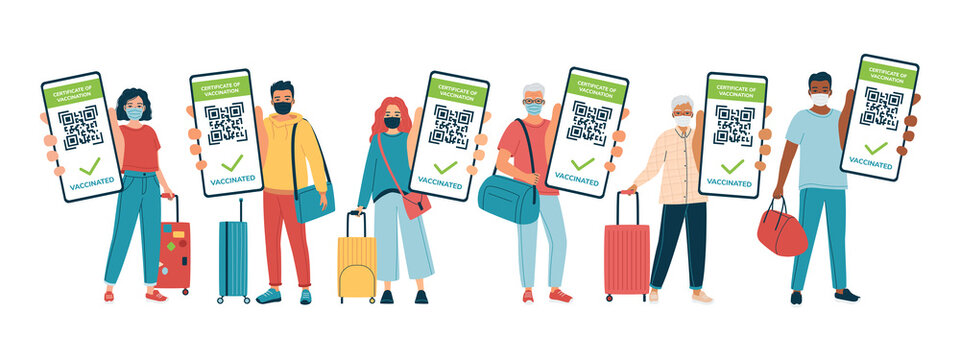 Young, adult, senior people with luggage, bags show QR code of the Covid-19 vaccine on the phone. Allowed to travel. Men and women with a confirmed vaccination certificate.Isolated vector illustration