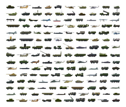 Big collection of detailed military transport and equipment.