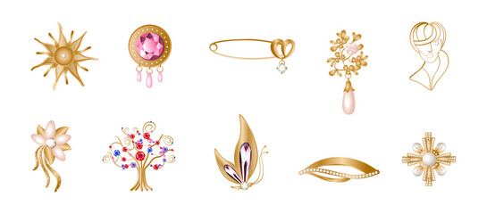 Set of realistic golden brooches. Jewelry with precious stones. - obrazy, fototapety, plakaty