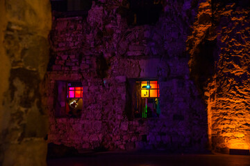 BODRUM, TURKEY: Fragments of the fortress wall and fortification in Bodrum at night.