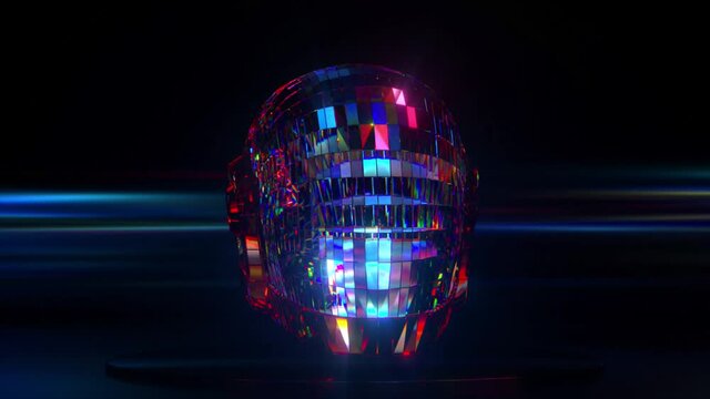  The diamond helmet turns from side to side on a dark abstract background. Neon lighting. 3d animation of seamless loop