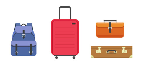 Travel luggage bags icons vector and baggage suitcase and isolated on white background clipart in flat cartoon style blue red orange colors
