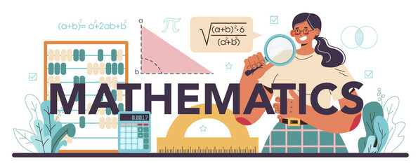 Mathematics typographic header. Mathematician use formulas and diagrams