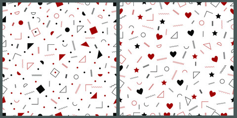 Set of vector seamless patterns in red and black. Geometric shapes, circles, squares, triangles, sticks, hearts and stars on a white isolated background. 