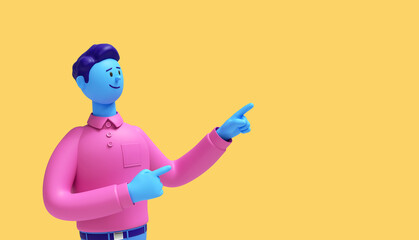 3d render. Cartoon character guy with blue skin wears pink shirt isolated on yellow background....