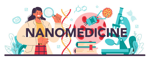 Fototapeta premium Nanomedicine web banner or landing page set. Scientists work