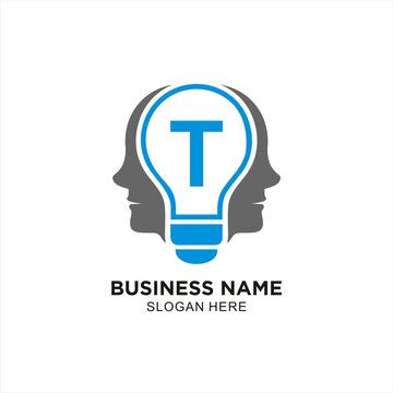 Concept logo of two twin human heads with lights and the initial letter T for the brand